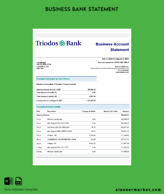 Triodos Banka İşletme firm account Hesap Özeti Word snd PDF format