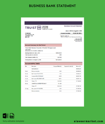 Truist Banka enterprise account Hesap Özeti Word and PDF Şablon