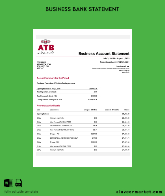 Tunus ATB organization checking account Hesap Özeti Word and PDF Şablon