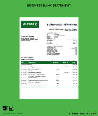 Turkish Banka firm checking account Hesap Özeti Word and PDF Şablon