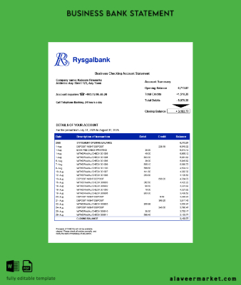 Türkmenistan Rysgal firm account Hesap Özeti Word and PDF Şablon