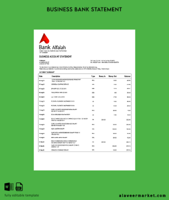UAE Abu Dhabi Banka Alfalah Şirket checking account Hesap Özeti Word and PDF Şablon
