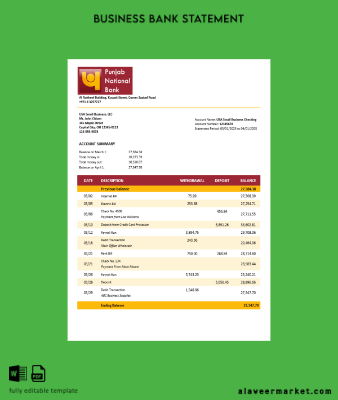 UAE Dubai PNB enterprise Hesap Özeti Word and PDF Şablon
