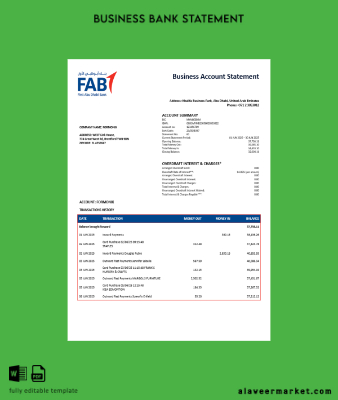 UAE First Abu Dhabi firm account Hesap Özeti Word and PDF Şablon