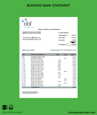 UAE Fujeirah National Banka (NFB) organization checking account Hesap Özeti Word and PDF Şablon