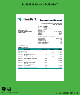 UAE Keb Hana Şirket checking account Hesap Özeti Word and PDF Şablon