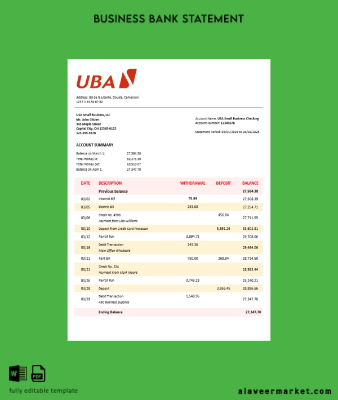 UBA Şirket Hesap Özeti Word and PDF format