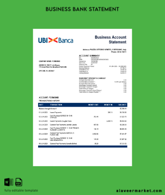 UBI BANCA Banka Şirket checking account Hesap Özeti Word and PDF format