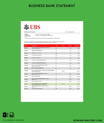 UBS Banka corporate checking account Hesap Özeti Word and PDF Şablon