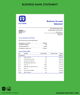 UCO Banka Şirket checking account Hesap Özeti Word and PDF format