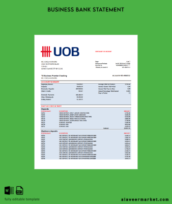 UOB (United Overseas Banka firm account Hesap Özeti Word and PDF Şablon