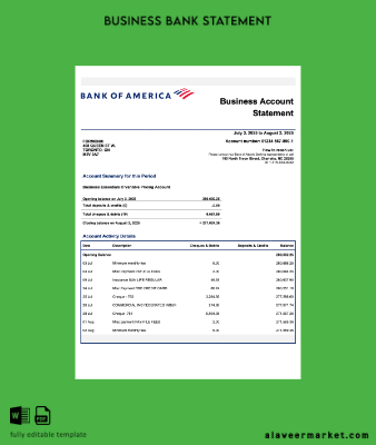 US Banka of America enterprise Hesap Özeti Word and PDF Şablon