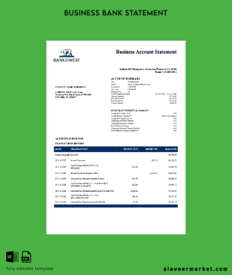 US Banka of the West Şirket checking account Hesap Özeti Word and PDF Şablon