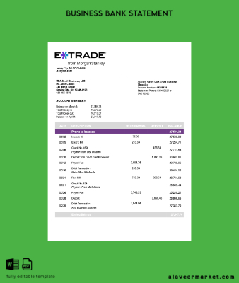US Etrade Şirket checking account Hesap Özeti Word and PDF Şablon