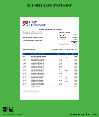US First Tennessee İşletme checking account Hesap Özeti Word and PDF Şablon