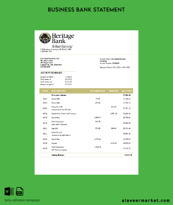 US Heritage İşletme checking account Hesap Özeti Word and PDF Şablon