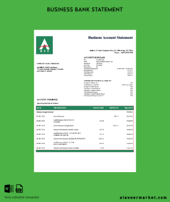 USA ACE İşletme checking account Hesap Özeti Word and PDF Şablon
