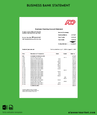 USA ADP corporate account Hesap Özeti Word and PDF Şablon