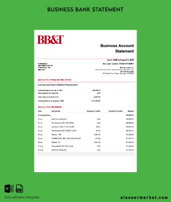 USA BB&T Corp firm account Hesap Özeti Word and PDF Şablon