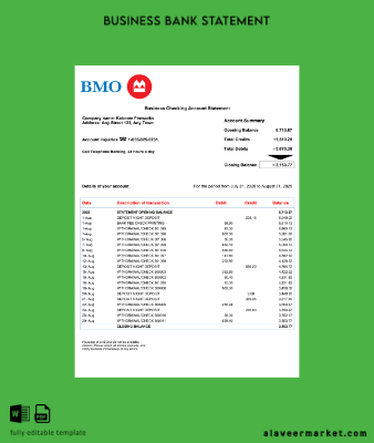 USA BMO Banka of Gerçek İşletme checking account Hesap Özeti Word and PDF Şablon