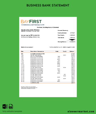 USA Bay First organization Hesap Özeti Word and PDF Şablon