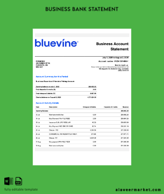 USA California BlueVine İşletme checking account Hesap Özeti Word and PDF Şablon