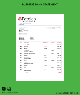 USA California Patelco Kredi Union firm account Hesap Özeti Word and PDF Şablon