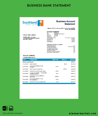 USA California Southland Kredi Union İşletme checking account Hesap Özeti Word and PDF Şablon