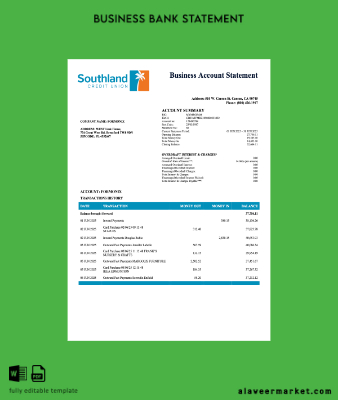 USA California Southland Kredi Union enterprise Hesap Özeti Word and PDF format
