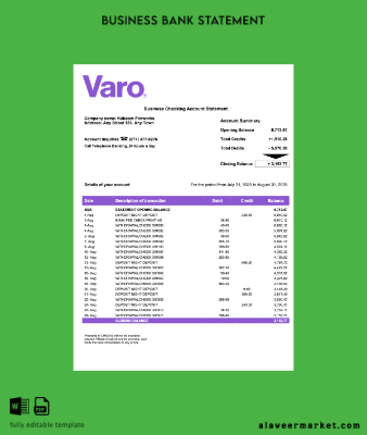 USA California Varo organization checking account Hesap Özeti Word and PDF Şablon