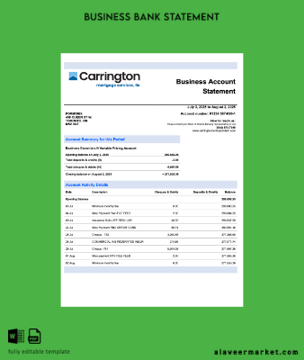 USA Carrington Mortgage Services İşletme checking account Hesap Özeti Word and PDF Şablon