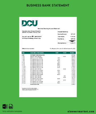 USA DCU Şirket checking account Hesap Özeti Word and PDF Şablon
