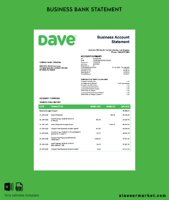 USA Dave firm checking account Hesap Özeti Word and PDF Şablon