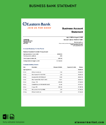 USA Eastern Şirket checking account Hesap Özeti Word and PDF Şablon