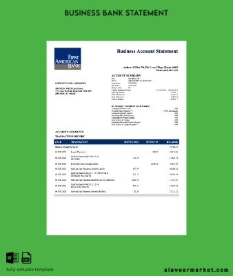 USA First America Banka Şirket checking account Hesap Özeti Word and PDF Şablon