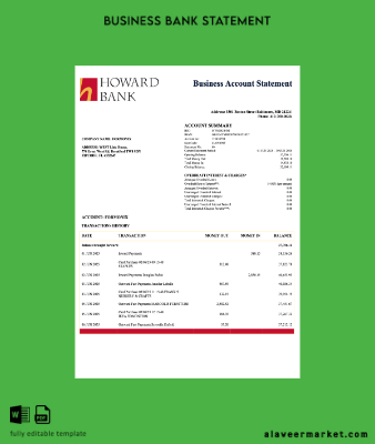 USA Howard corporate Hesap Özeti Word and PDF Şablon