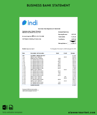 USA Indi corporate Hesap Özeti Word and PDF Şablon