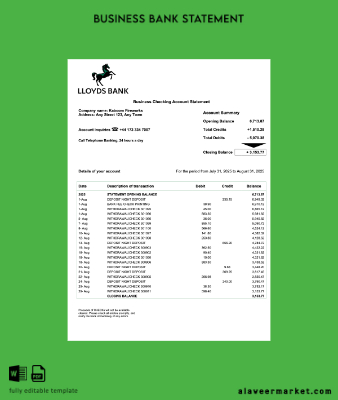 USA Lloyds enterprise account Hesap Özeti Word and PDF Şablon