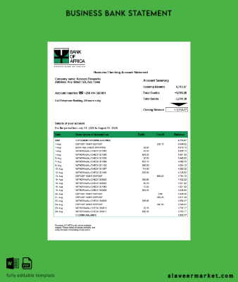 Uganda Banka of Africa firm account Hesap Özeti Word and PDF Şablon