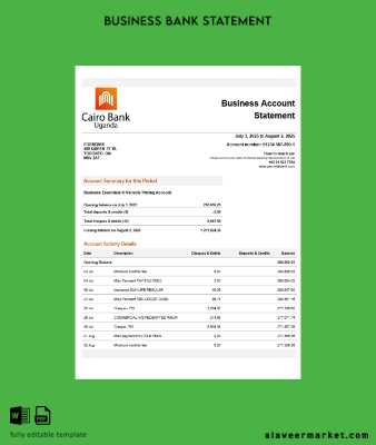 Uganda Cairo enterprise account Hesap Özeti Word and PDF Şablon
