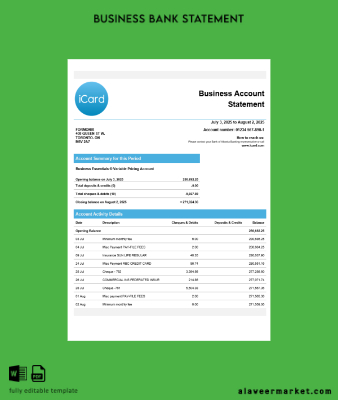 Ukrayna Kart İşletme checking account Hesap Özeti Word and PDF Şablon