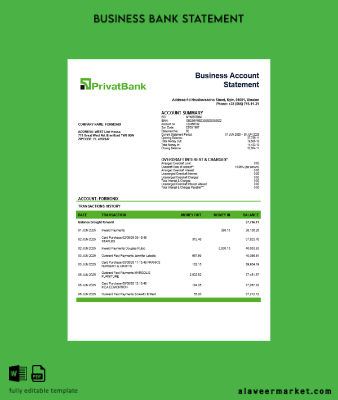 Ukrayna Banka enterprise account Hesap Özeti Word and PDF Şablon