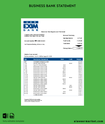 Ukrainian Banka İşletme checking account Hesap Özeti Word and PDF Şablon
