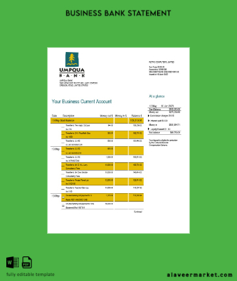 Umpqua Banka organization checking account Hesap Özeti Word and PDF Şablon