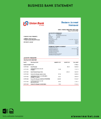 Union Banka of Hindistan İşletme firm Hesap Özeti Word and PDF format
