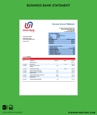 Union Banka of Hindistan İşletme Hesap Özeti Word and PDF Şablon