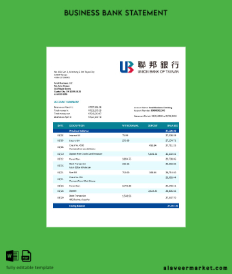 Union Banka of Tayvan Şirket account Hesap Özeti Word and PDF Şablon
