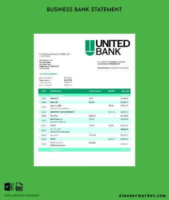 United Banka enterprise account Hesap Özeti Word and PDF Şablon