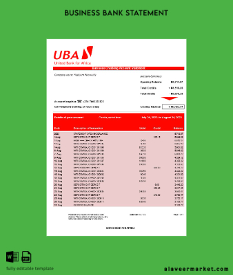 United Banka for Africa organization account Hesap Özeti Word and PDF Şablon