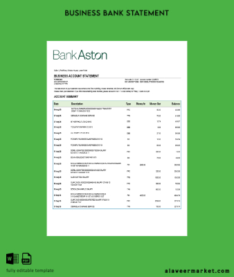 United Kingdom Banka of Aston İşletme checking account Hesap Özeti Word and PDF Şablon